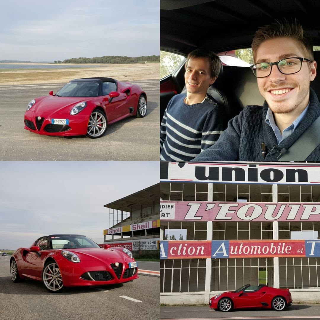 Red roadster photographed on a beach and at a historic circuit
