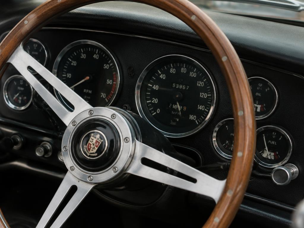 Classic car steering wheel and gauges