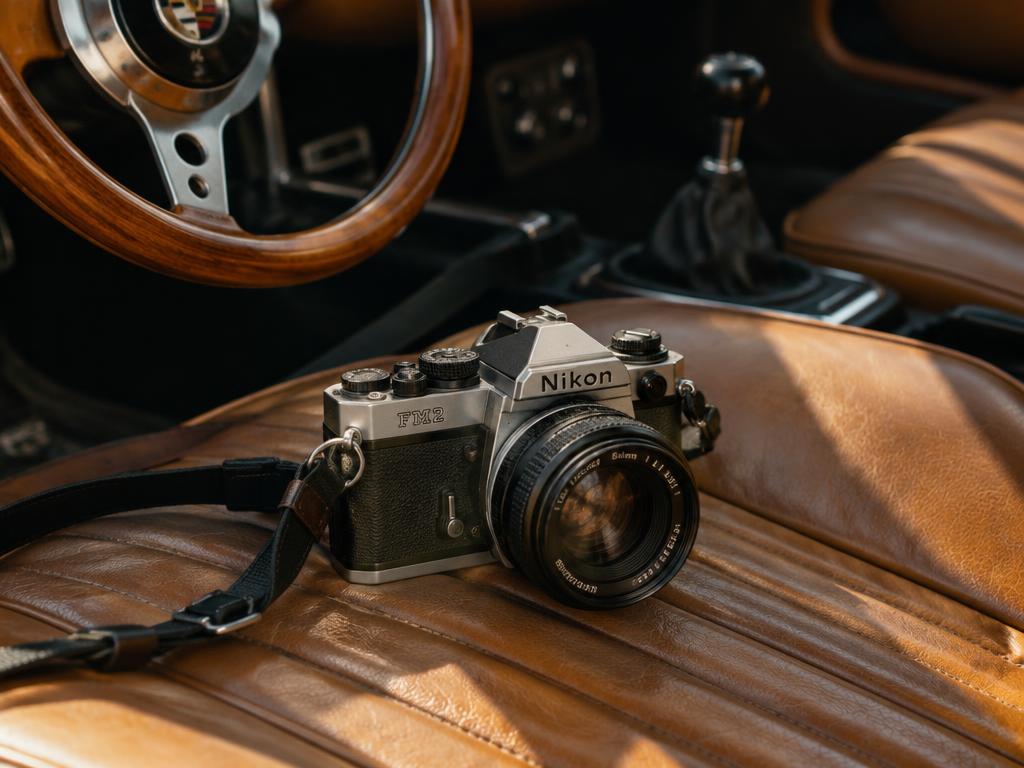 Film camera on the leather seat of a classic car